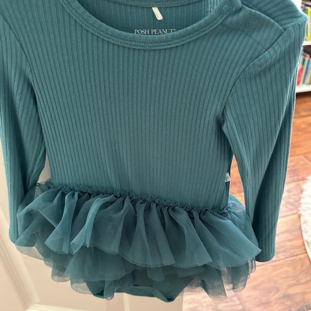 Posh Peanut Teal Long Sleeve Tulle Bodysuit